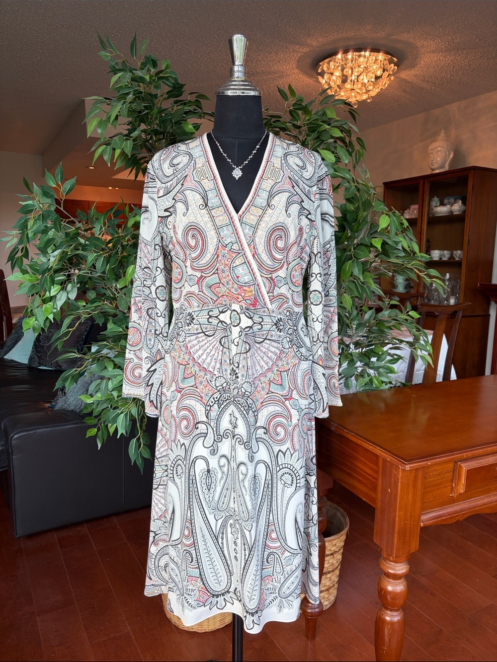 Etro 100% Silk Cream Paisley Wrap Dress with Coral Accents Size IT 48 or US 12